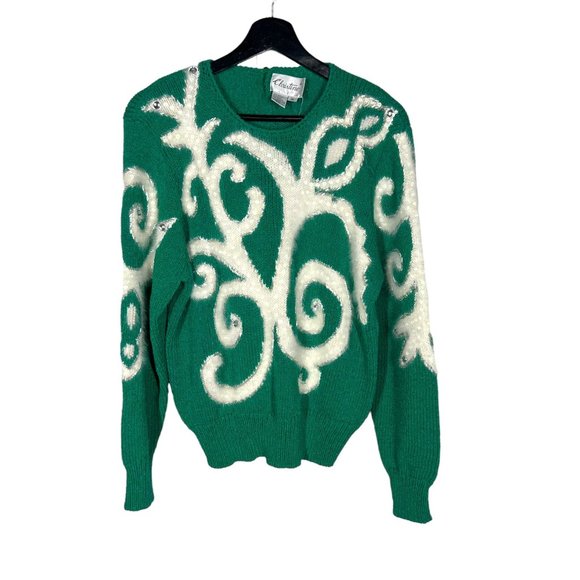 Vintage 90s Green White Sequin Beaded Angora Wool Blend Sweater Medium - Picture 1 of 8